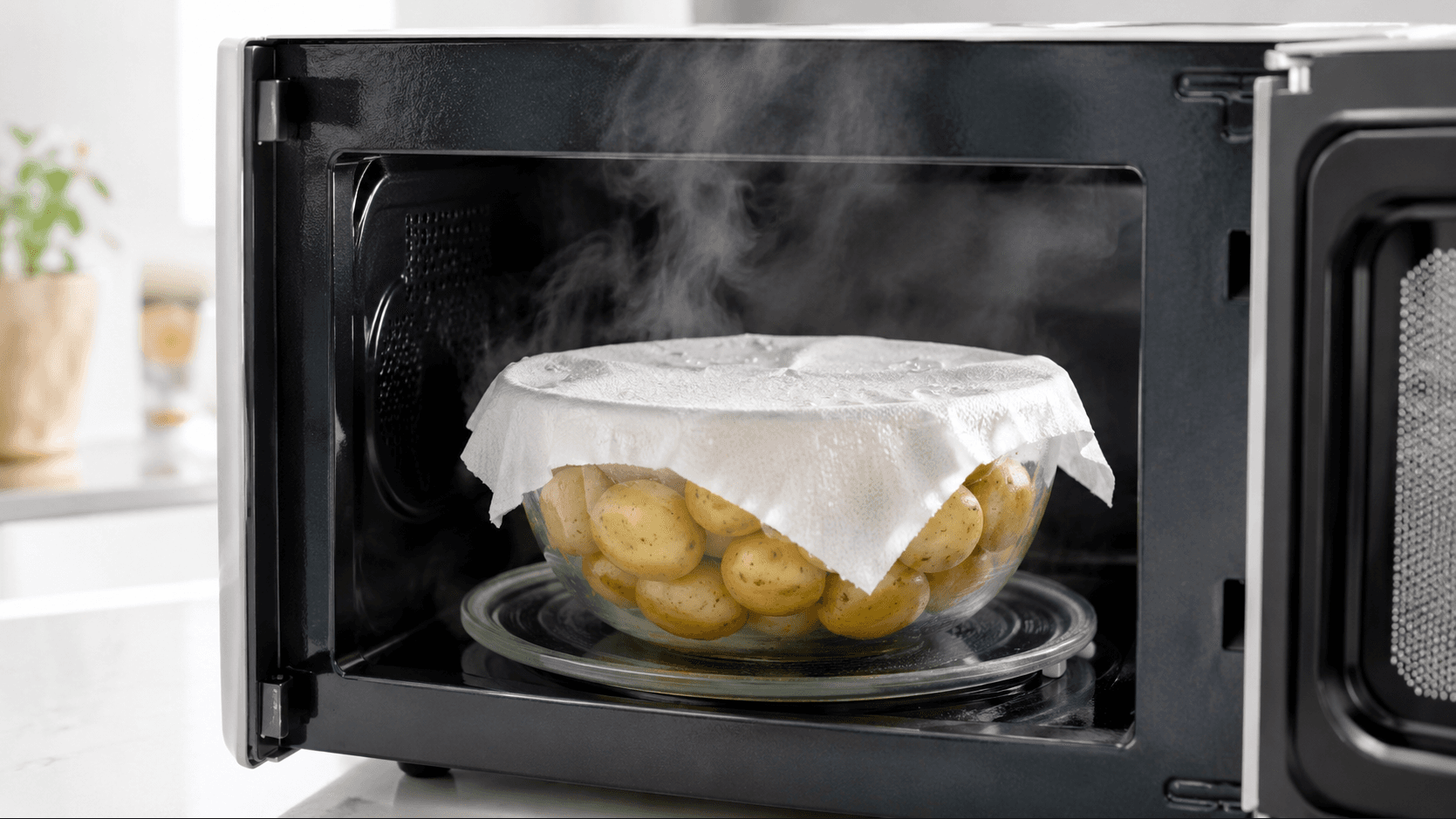 Glass bowl of boiled potatoes covered with a cloth inside a microwave oven, steam rising as they reheat