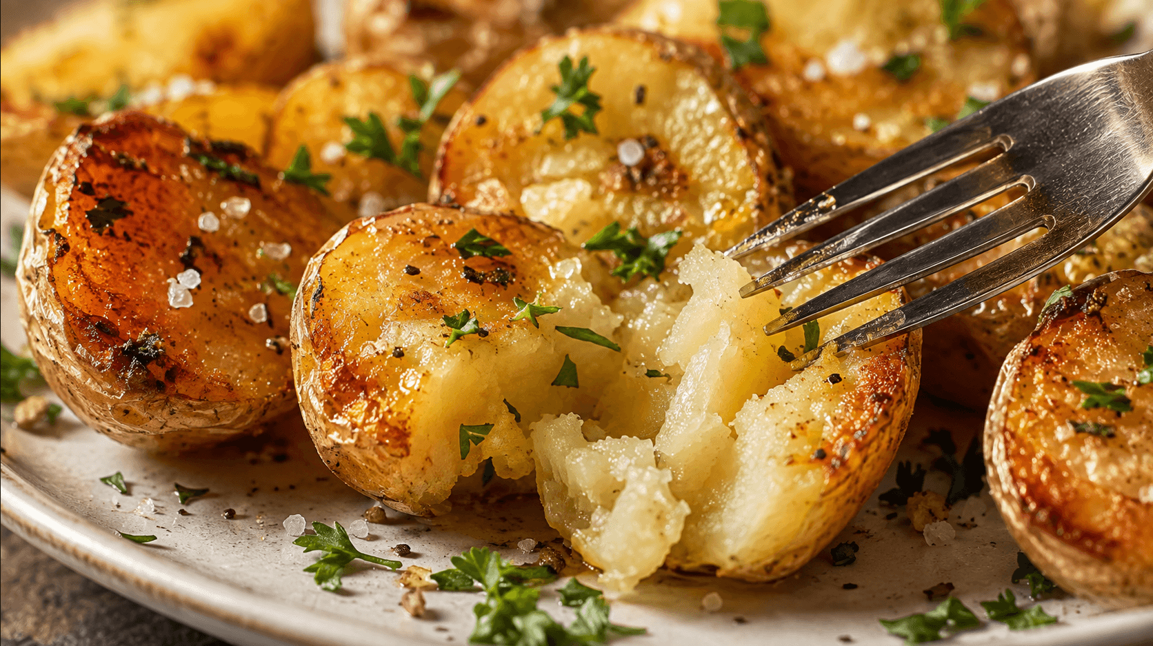 Close-up of properly reheated boiled potato halves with crispy golden edges and a fluffy soft interior, pierced by a fork