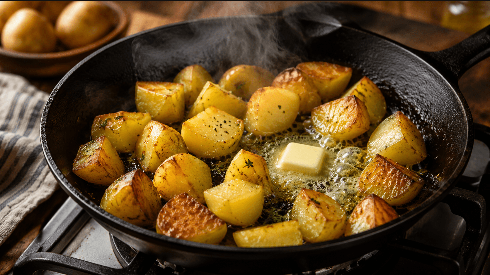Reheating boiled potatoes in a cast-iron pan on the stove with melting butter and rising steam
