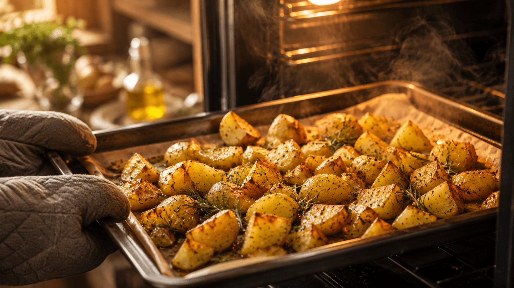 Baking tray of seasoned potato chunks being pulled from a hot oven, golden and crispy - reheating boiled potatoes without a microwave