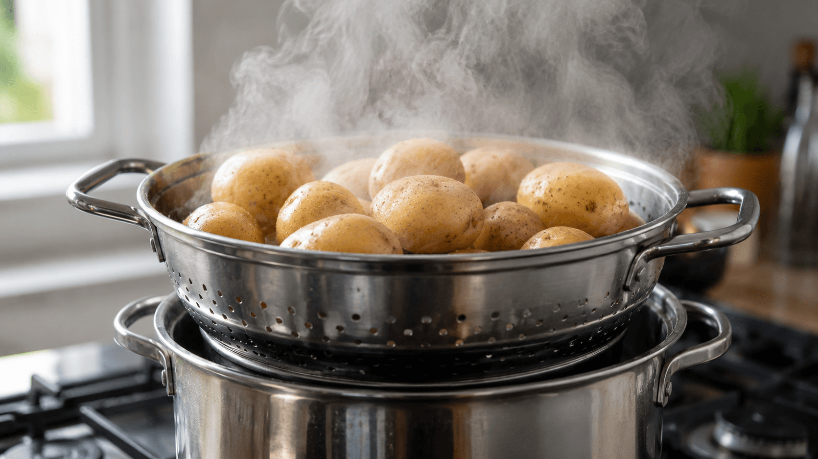 Steamer basket of whole potatoes resting over a pot of simmering water - the gentlest microwave-free way to reheat boiled potatoes